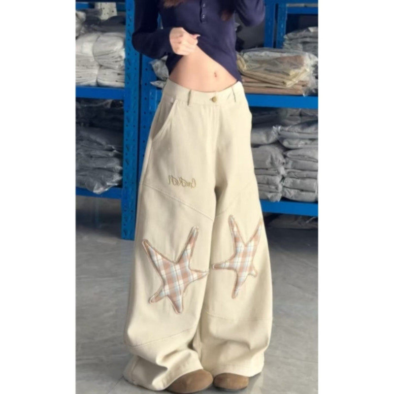 大码美式复古星星贴布刺绣牛仔裤