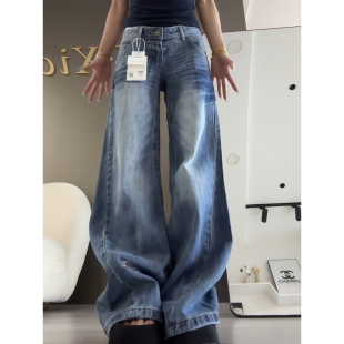 设计感直筒阔腿喇叭裤 大码 女秋季 复古水洗低腰微喇牛仔裤 胖mm美式