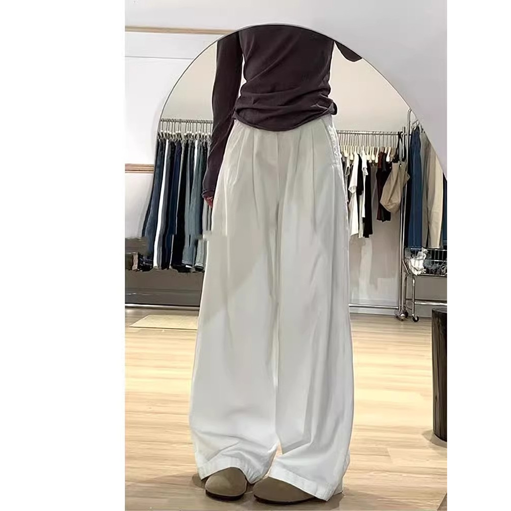 褶皱白色牛仔裤女胖mm垂感阔腿裤