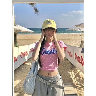 胖mm美式 短款 高街星星满印短袖 辣妹修身 正肩上衣潮 t恤女夏季 大码