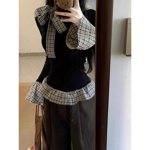 大码美式格子蝴蝶结假两件T恤女