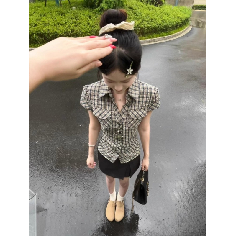 大码美式辣妹格子正肩短袖衬衫女