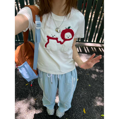 大码苹果小熊毛巾绣短袖t恤女