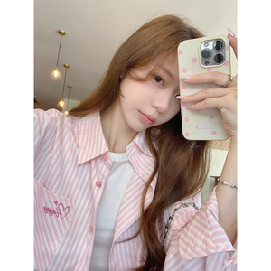 大码胖mm美式粉色刺绣条纹衬衫外套女夏防晒衬衣宽松百搭开衫上衣