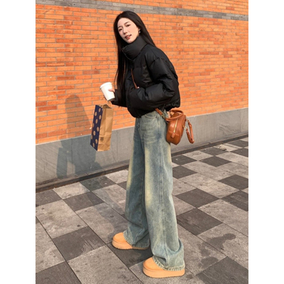 大码美式复古加绒直筒牛仔裤女