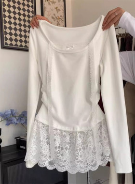 大码胖mm纯欲假两件蕾丝边挂脖长袖T恤女秋季芭蕾风显瘦百搭上衣