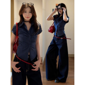 新款 大码 设计感掐腰显瘦上衣 衬衫 女夏季 胖mm美式 复古气质条纹短袖