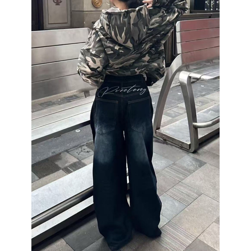 大码美式街头字母印花阔腿牛仔裤