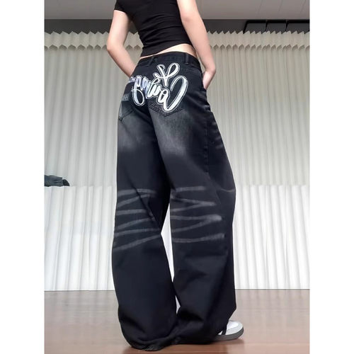 大码黑色做旧印花弯刀牛仔裤女