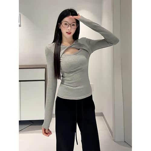 大码美式辣妹镂空扭结长袖T恤女