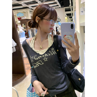 t恤女早秋修身 大码 罩衫 辣妹慵懒长袖 挂脖吊带两件套上衣 胖mm美式