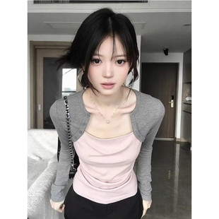 胖mm美式 打底衫 复古撞色假两件长袖 设计感修身 上衣 t恤女春季 大码