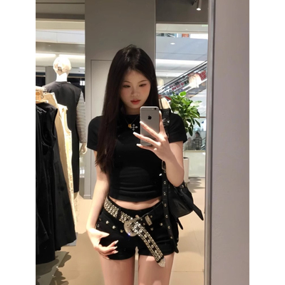 大码黑色美式低腰铆钉牛仔超短裤