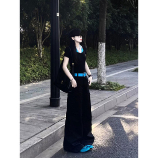 小众收腰辣妹短款 大码 T恤女夏季 撞色假两件正肩短袖 上衣 胖mm美式