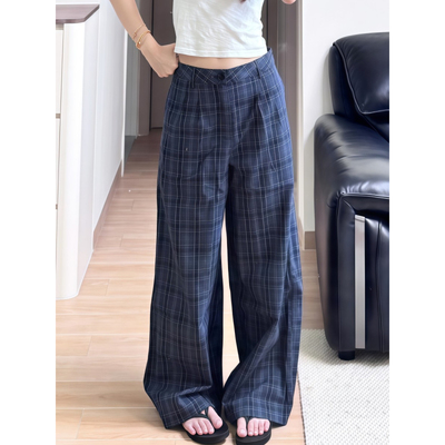 大码胖mm美式藏青格子垂感休闲裤