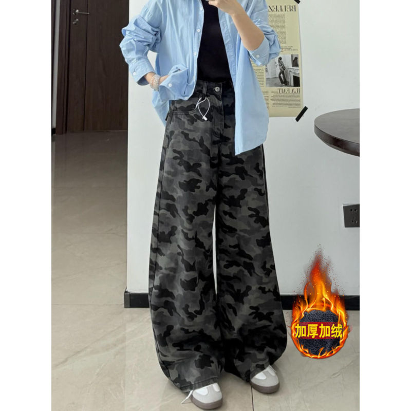 大码美式高街迷彩直筒牛仔裤加绒