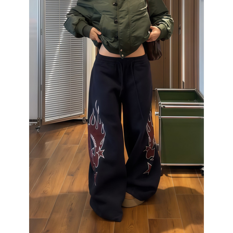 大码美式街头火焰印花加绒休闲裤