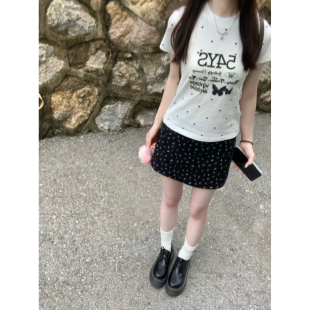 胖mm美式 短款 复古y2k字母波点短袖 甜辣修身 正肩上衣 t恤女夏季 大码