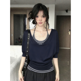 韩系纯欲风V领中袖t恤罩衫女夏季条纹挂脖背心修身显瘦上衣两件套