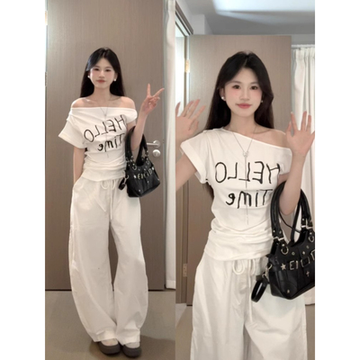 大码美式甜辣白色斜肩短袖t恤女