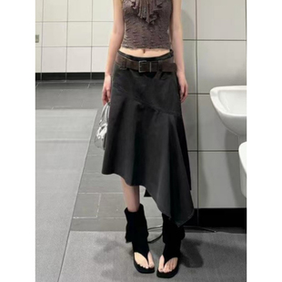 大码胖mm美式千禧复古不规则下摆鱼尾裙女夏季高腰显瘦中长半身裙