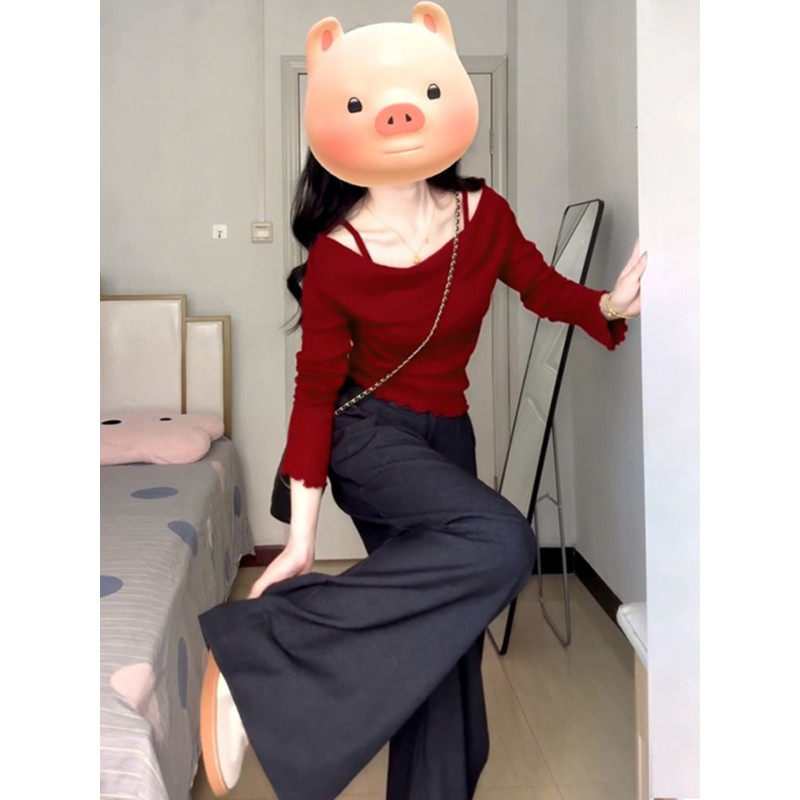 大码胖mm韩系一字肩假两件吊带长袖t恤女春季设计感修身气质上衣,女装/女士精品,大码内搭,淘宝优惠券,粉丝福利购,淘宝优惠卷