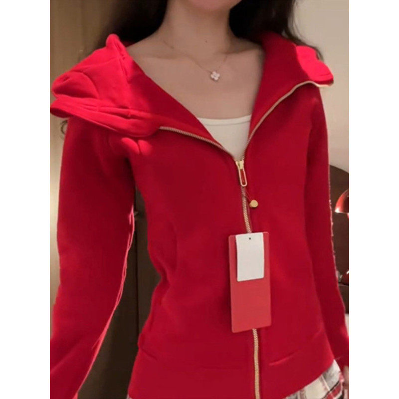大码胖mm美式新年红正肩加绒连帽卫衣女秋冬收腰显瘦百搭上衣外套,女装/女士精品,大码内搭,淘宝优惠券,粉丝福利购,淘宝优惠卷