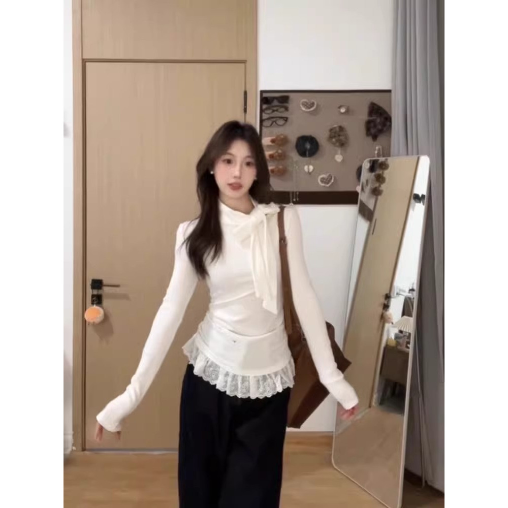 大码蝴蝶结半高领打底衫女T恤