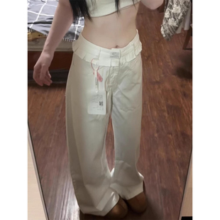 设计感小众宽松直筒阔腿裤 大码 女夏季 白色花边拼接牛仔裤 胖mm美式