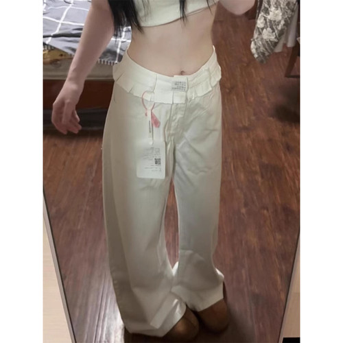 大码美式白色花边拼接牛仔裤女