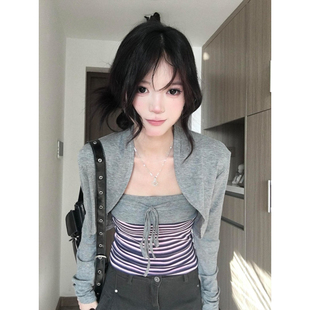 坎肩开衫 大码 辣妹长袖 复古条纹抹胸背心女秋季 上衣两件套 胖mm美式