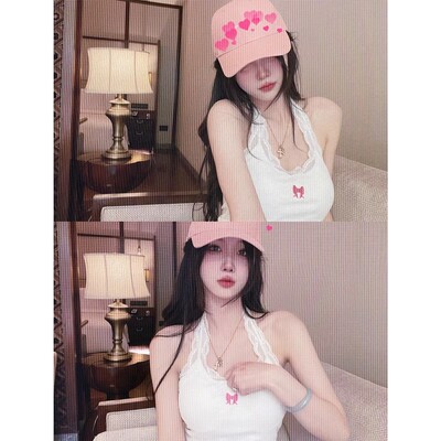 大码设计感白色蕾丝边吊带上衣女