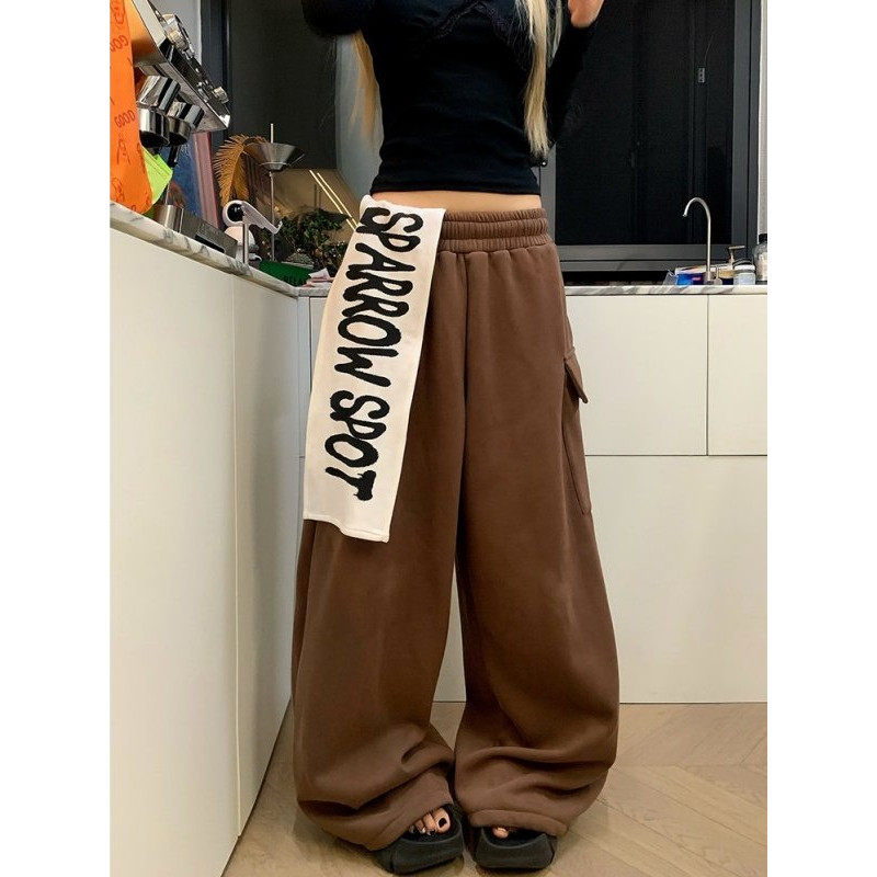 大码胖mm美式复古字母拼布休闲卫裤女春季新款宽松垂感百搭阔腿裤,女装/女士精品,大码裤装,淘宝优惠券,粉丝福利购,淘宝优惠卷