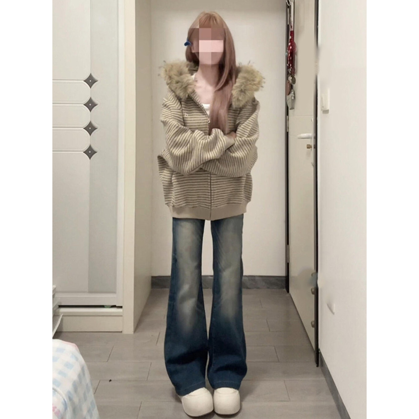 大码美式高街条纹毛领连帽卫衣女