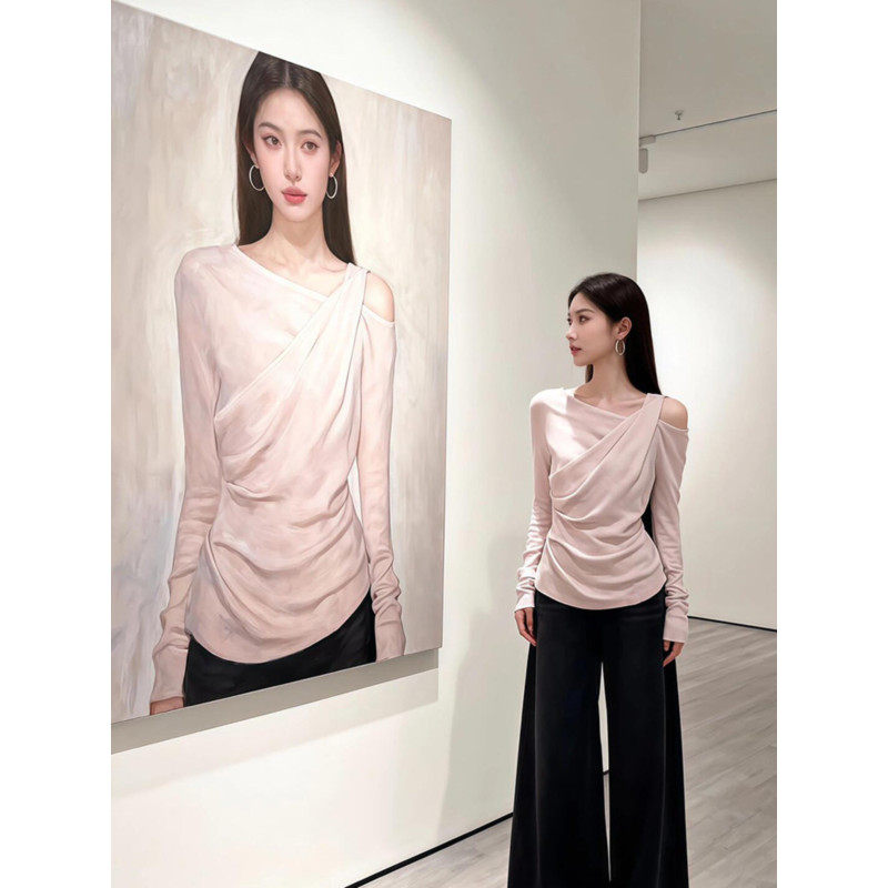 大码胖mm韩系纯欲风斜肩假两件长袖t恤女春季设计感收腰露肩上衣,女装/女士精品,大码内搭,淘宝优惠券,粉丝福利购,淘宝优惠卷