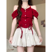 胖mm辣妹红色挂脖吊带短袖 T恤女夏季 系带露肩修身 大码 短款 上衣潮