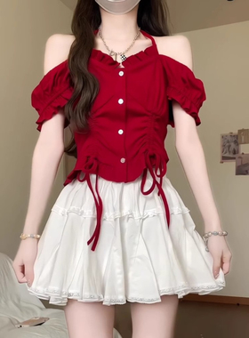 大码胖mm辣妹红色挂脖吊带短袖T恤女夏季系带露肩修身短款上衣潮