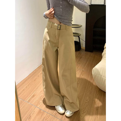 大码美式卡其色阔腿弯刀牛仔裤女