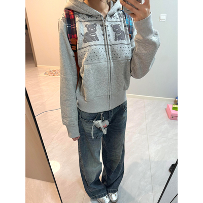 大码美式复古小熊印花开衫卫衣女