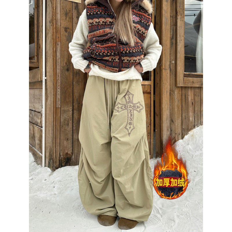 大码美式高街十字架加绒弯刀裤女