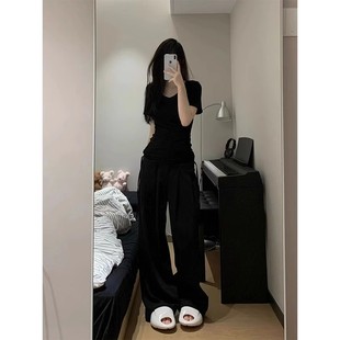 纯棉修身 大码 t恤女夏季 胖mm美式 显瘦内搭打底上衣 辣妹V领黑色短袖