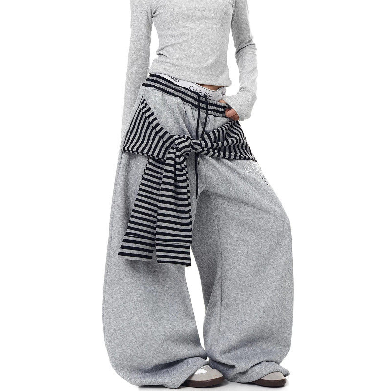 大码胖mm美式高街条纹绑带弯刀卫裤女2026新款宽松慵懒休闲阔腿裤,女装/女士精品,大码裤装,淘宝优惠券,粉丝福利购,淘宝优惠卷