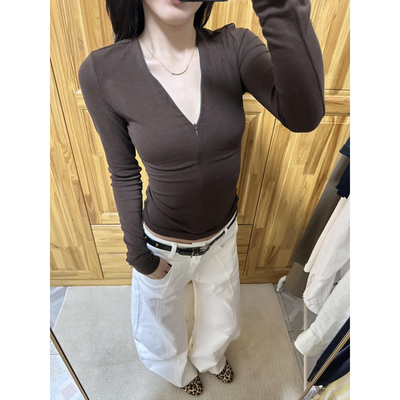 大码美式辣妹咖色v领拉长袖t恤女