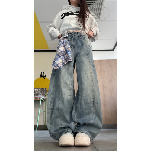 大码美式复古丝巾拼接弯刀牛仔裤