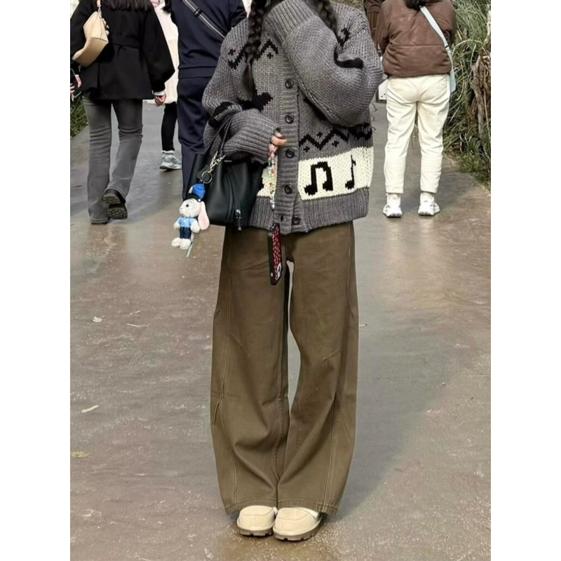 大码胖mm美式复古咖色直筒牛仔裤