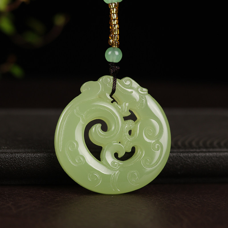 和田青白玉仿古龙吊坠男女款镂空双面生肖龙玉石龙行天下挂件玉佩