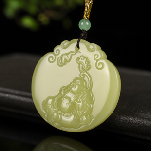 天然和田玉青白玉弥勒佛男女款挂件玉石双面莲花吊坠黄口佛公项链