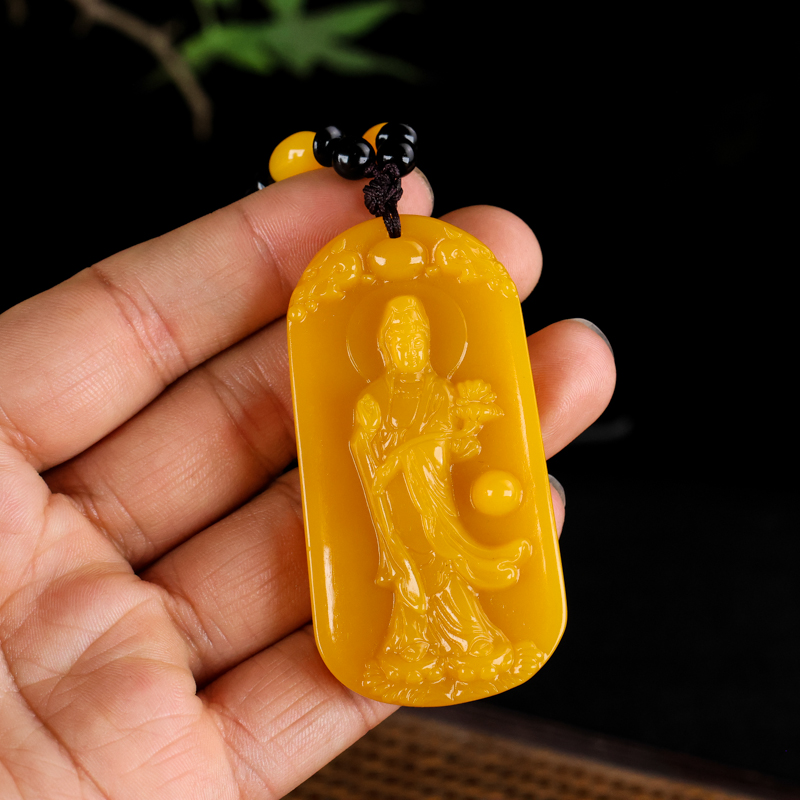 天然黄玉站观音吊坠男女款玉石菩萨项链和田玉黄龙玉平安好运挂件