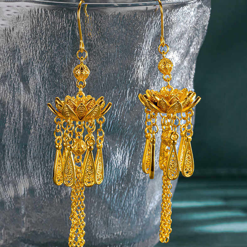 步步生莲古风金色莲花流苏耳饰长款气质复古重工艺婚嫁中式耳环女