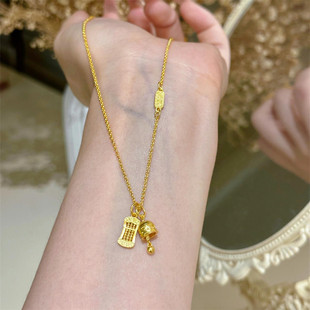 新中式国潮18k足金色平安铃算盘吊坠女轻奢精致小众设计感锁骨链